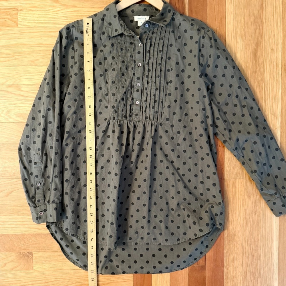Sundance Olive Green "Lively Days" Top Polka Dot Cotton Pintuck Tunic Blouse MED - Picture 7 of 10